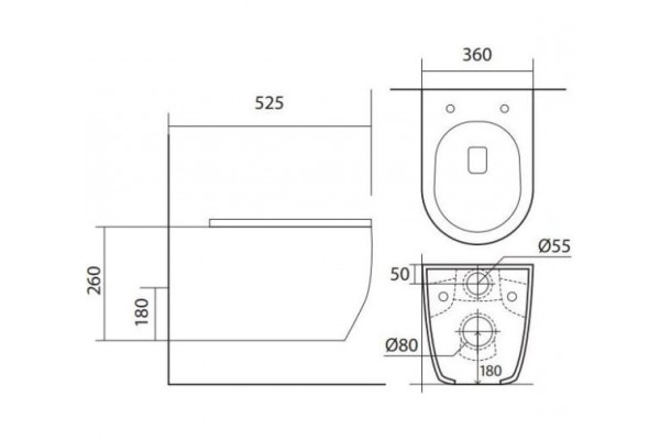 AQ1106LWS-00 (унитаз без крышки) ЕВРОПА Унитаз подвесной безободковый 525*360*260мм, тонкое сиденье с механизмом плавного закрывания, крепеж