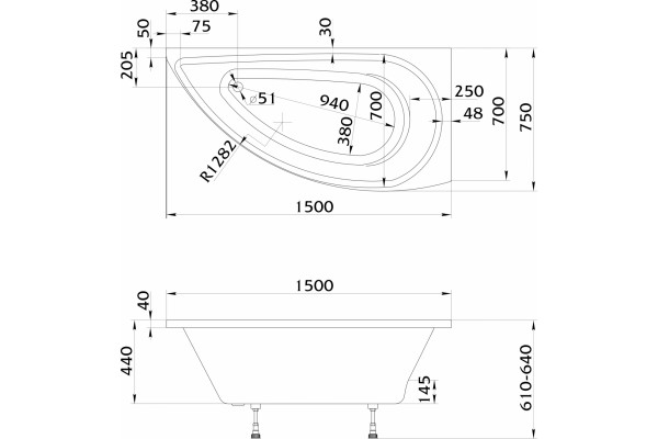 Акриловая ванна 1MarKa Piccolo R 150x75 пристенная, асимметричная, объем 110 л.