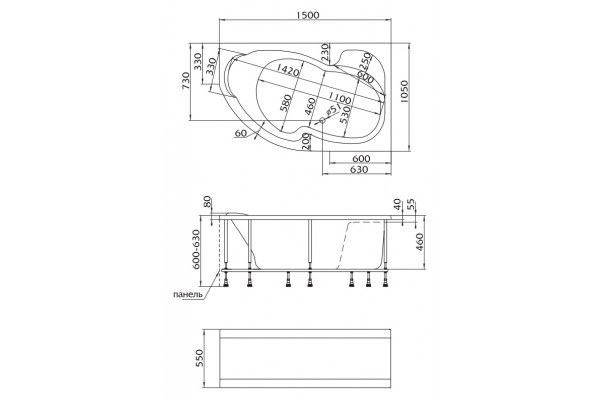 Акриловая Ванна 1MarKa  "AURA" 150*105 L пристенная, асимметричная, объем 175 л.