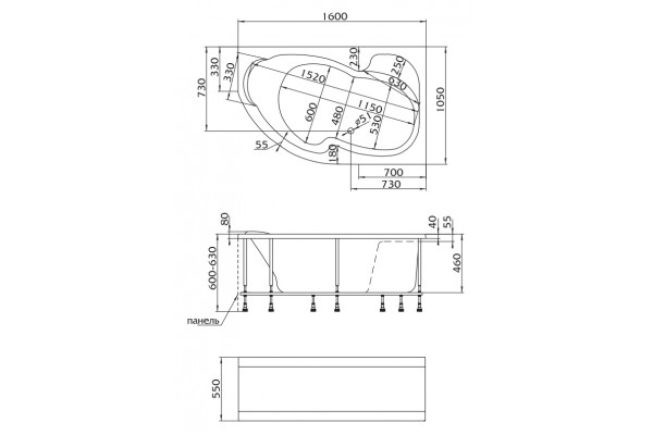 Акриловая ванна 1MarKa Aura 160x105 L пристенная, асимметричная, объем 200 л.