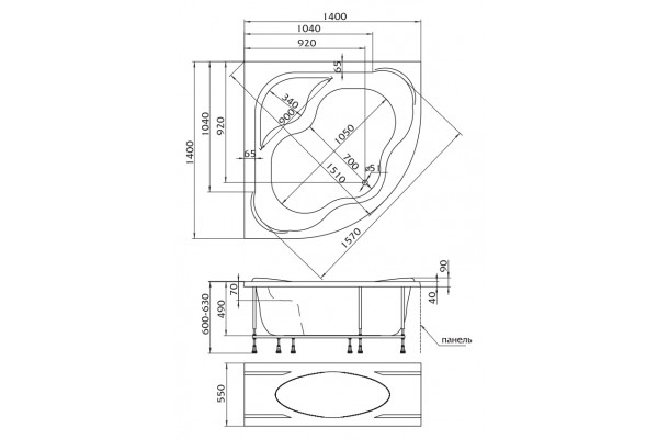 Акриловая ванна 1MarKa Afrodita 140x140 пристенная, четверть круга, объем 220 л.