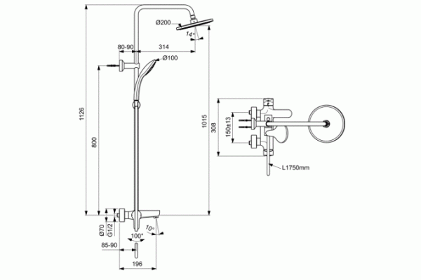 Душевая система с настенным смесителем Ideal Standard IdealRain Cerafine O BC750AA