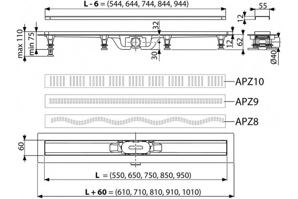 Душевой лоток AlcaPlast Simple с решеткой и опорами APZ9-650M