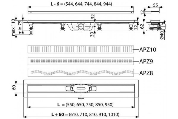 Душевой лоток AlcaPlast Simple с решеткой и опорами APZ9-750M