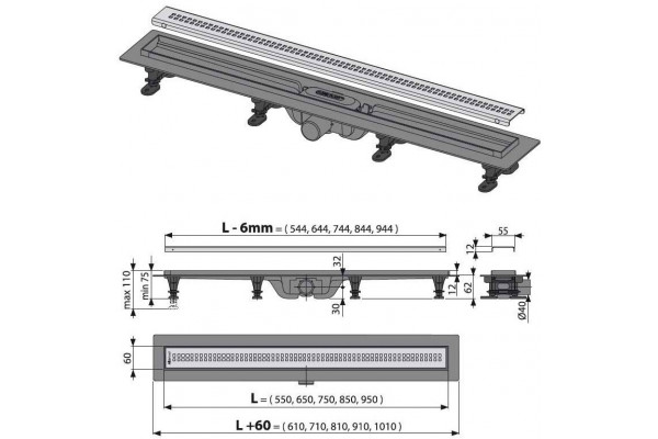 Душевой лоток AlcaPlast Simple с решеткой и опорами APZ9-850M
