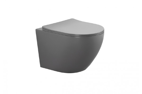 AQ1901-MG ЕВРОПА Унитаз подвесной безободковый 525*360*320мм, тонкое сиденье с механизмом плавного закрывания, крепеж, цвет матовый серый