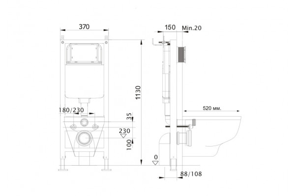 Инсталляция для подвесного унитаза узкая Aquatek Standart 37 INS-0000017, 1130*370*150 мм + звукоизоляционная прокладка