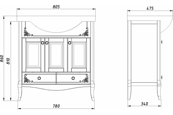 Тумба для комплекта ASB-Woodline Салерно 80 белая, патина серебро, напольная, фурнитура кристалл