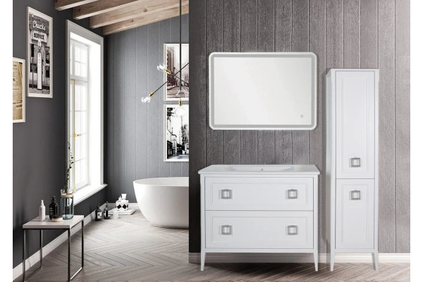 Тумба с раковиной ASB-Woodline Рома 100Н напольная, белая, с ящиками, с доводчиками