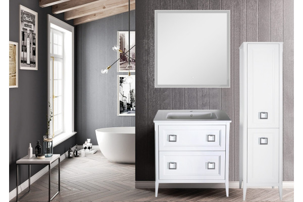 Тумба с раковиной ASB-Woodline Рома 80Н напольная, белая, с ящиками, ручки хром