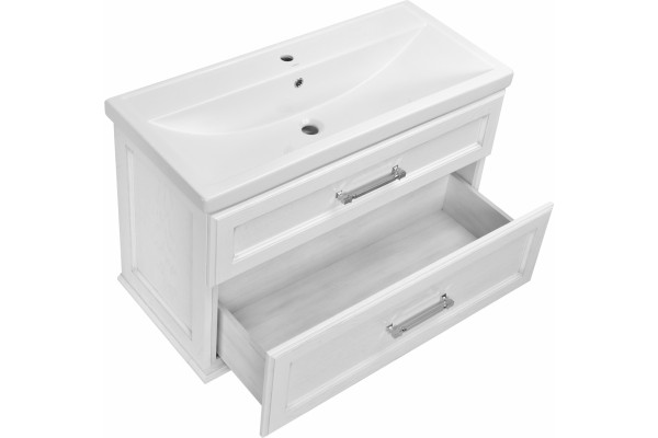 Тумба с раковиной ASB-Woodline Венеция 100 белый, патина серебро, подвесная, с ящиками