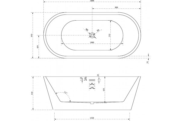 Акриловая ванна Abber AB9203-1.6 овальная, отдельностоящая, объем 220 л.
