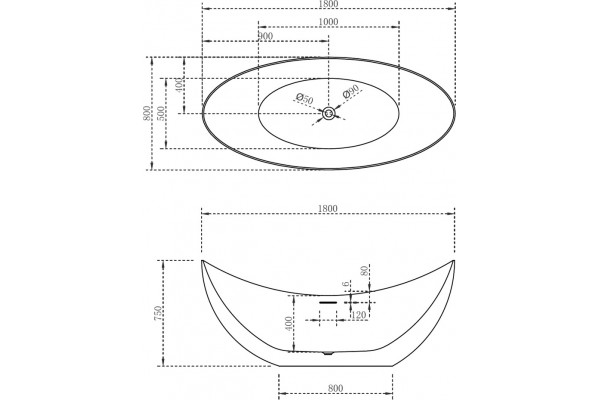 Акриловая ванна Abber AB9333 180x80 овальная, отдельностоящая, объем 190 л.