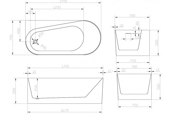 Акриловая ванна Abber AB9496-1.7 L 170x78 асимметричная, пристенная