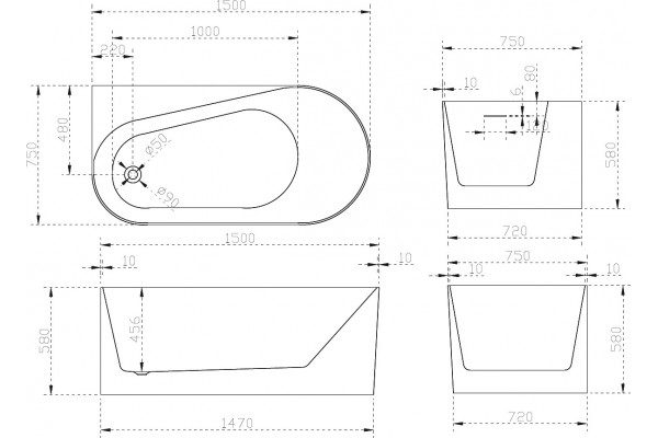 Акриловая ванна Abber AB9496-1.5 L 150x75 асимметричная, пристенная