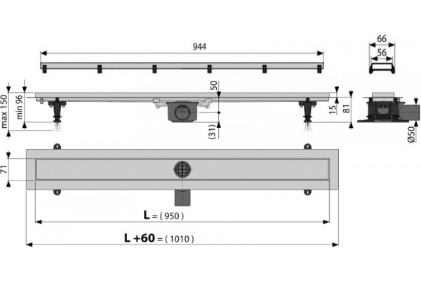 Душевой лоток AlcaPlast Double APZ13 95 см хром, в пол около стены