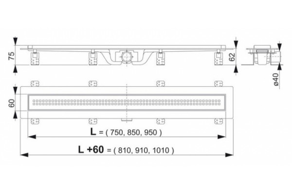 Душевой лоток AlcaPlast APZ9-Simple 750 с решеткой и опорами, серый, хром, выпуск боковой