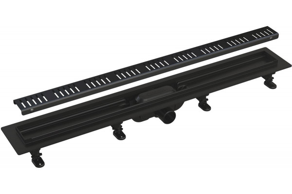 Душевой лоток AlcaPlast APZ10BLACK 650 с решеткой и опорами, в пол около стены, выпуск боковой