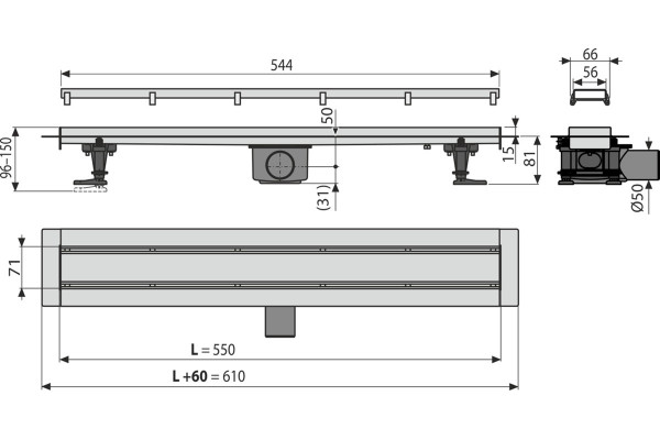 Душевой лоток AlcaPlast APZ13-DOUBLE9-550 с решеткой и опорами, в пол около стены, выпуск боковой