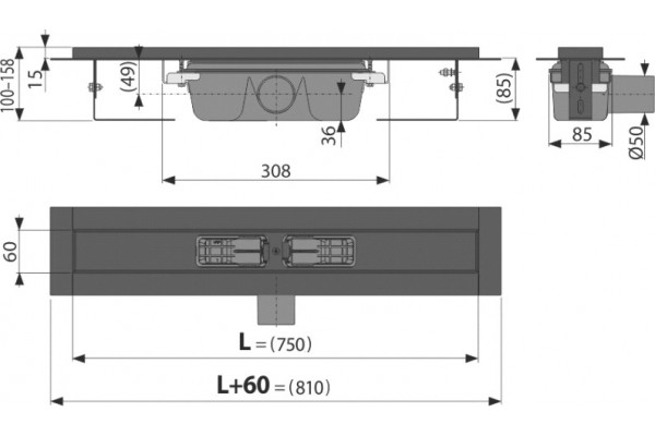 Душевой лоток AlcaPlast APZ1BLACK-750 в пол около стены, выпуск боковой
