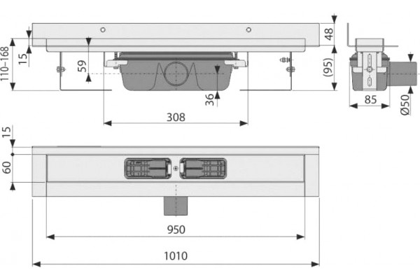 Душевой лоток AlcaPlast APZ16-950 без решетки к стене, выпуск боковой