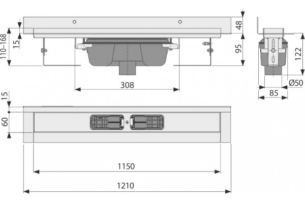 Душевой лоток AlcaPlast APZ1016-1150 без решетки к стене, выпуск прямой