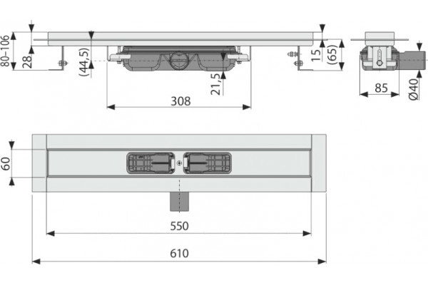 Душевой лоток AlcaPlast APZ106-550 без решетки в пол около стены, выпуск боковой