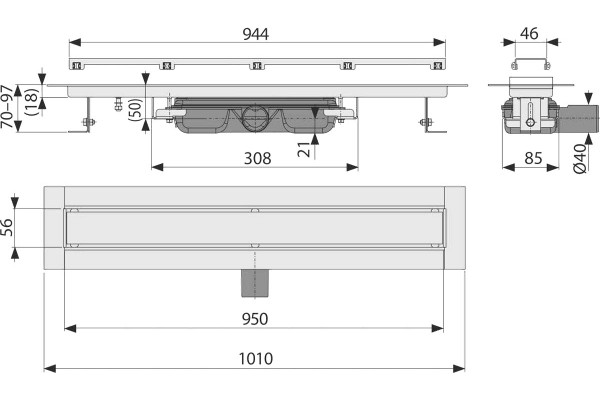 Душевой лоток AlcaPlast APZ115-950 с решеткой под плитку, в пол около стены, выпуск боковой