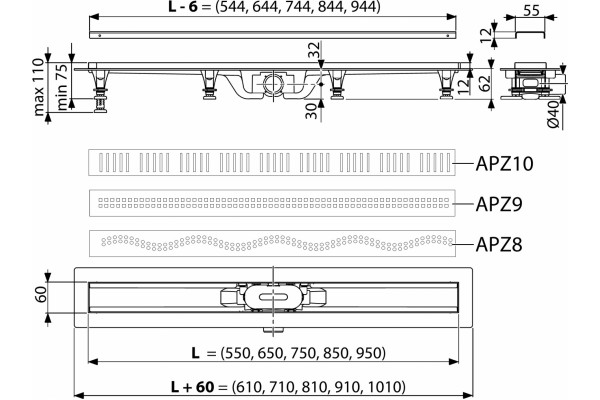 Душевой лоток AlcaPlast AG100401550 с решеткой и 2 опорами, в пол около стены, выпуск боковой