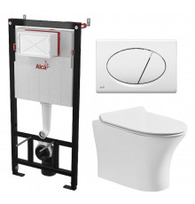 Комплект 3 в 1 инсталляция AlcaPlast + Подвесной безободковый унитаз Cerutti Spa Bernina aria CT7191 + кнопка белая в современном стиле
