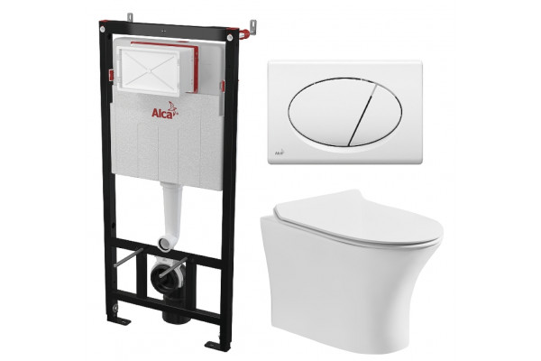 Комплект 3 в 1 инсталляция AlcaPlast + Подвесной безободковый унитаз Cerutti Spa Bernina aria CT7191 + кнопка белая в современном стиле