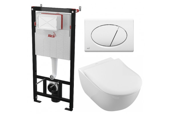 Комплект 3 в 1 инсталляция AlcaPlast + Унитаз подвесной Villeroy & Boch Subway 2.0 5614R201 + кнопка белая в современном стиле
