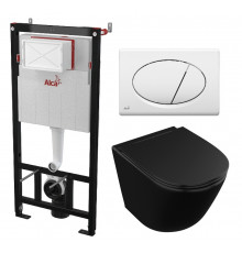 Комплект 3 в 1 инсталляция AlcaPlast + Унитаз подвесной Owl 1975 Vind Cirkel-H Matt Black OWLT190305 + кнопка белая в современном стиле