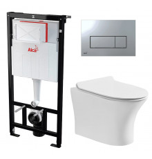 Комплект 3 в 1 инсталляция AlcaPlast + Подвесной безободковый унитаз Cerutti Spa Bernina aria CT7191 + кнопка хром в современном стиле
