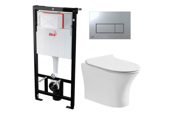 Комплект 3 в 1 инсталляция AlcaPlast + Подвесной безободковый унитаз Cerutti Spa Bernina aria CT7191 + кнопка хром в современном стиле