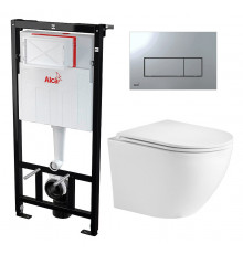 Комплект 3 в 1 инсталляция AlcaPlast + Подвесной унитаз WeltWasser Merzbach 041 GL-WT + кнопка хром в современном стиле