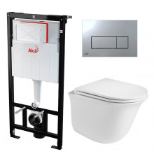 Комплект 3 в 1 инсталляция AlcaPlast + Подвесной унитаз WeltWasser Telbach 004 GL-WT + кнопка хром в современном стиле