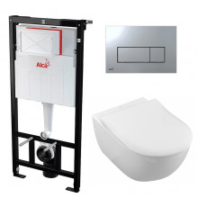 Комплект 3 в 1 инсталляция AlcaPlast + Унитаз подвесной Villeroy & Boch Subway 2.0 5614R201 + кнопка хром в современном стиле