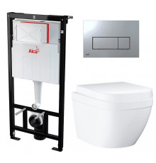 Комплект 3 в 1 инсталляция AlcaPlast + Унитаз подвесной Grohe Euro Ceramic 39206000 + кнопка хром  в современном стиле