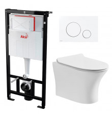 Комплект 3 в 1 инсталляция AlcaPlast + Подвесной безободковый унитаз Cerutti Spa Bernina aria CT7191+ кнопка белая в современном стиле