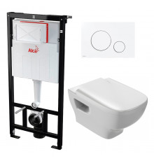 Комплект 3 в 1 инсталляция AlcaPlast + Унитаз подвесной Jacob Delafon Struktura EDE102-00 + кнопка белая в современном стиле