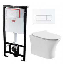 Комплект 3 в 1 инсталляция AlcaPlast + Подвесной безободковый унитаз Cerutti Spa Bernina aria CT7191 + кнопка белая в современном стиле