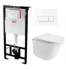 Комплект 3 в 1 инсталляция AlcaPlast + Подвесной унитаз WeltWasser Telbach 004 GL-WT + кнопка белая в современном стиле