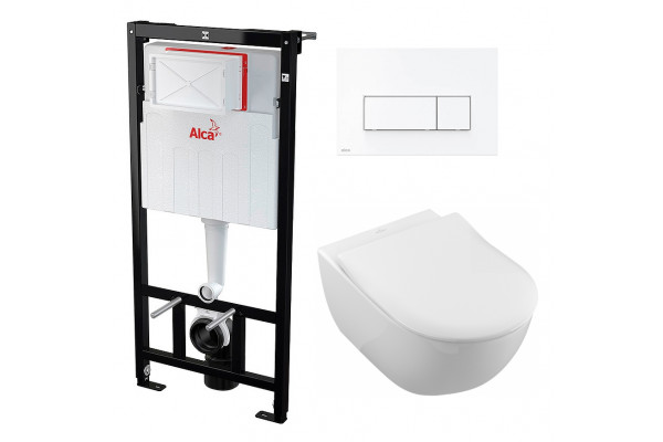Комплект 3 в 1 инсталляция AlcaPlast + Унитаз подвесной Villeroy & Boch Subway 2.0 5614R201 + кнопка белая в современном стиле