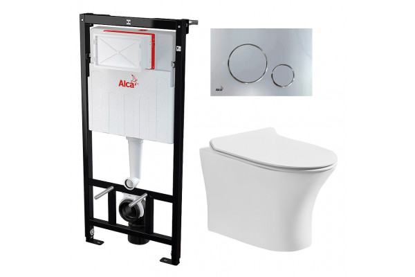 Комплект 3 в 1 инсталляция AlcaPlast + Подвесной безободковый унитаз Cerutti Spa Bernina aria CT7191 + кнопка хром в современном стиле