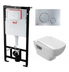 Комплект 3 в 1 инсталляция AlcaPlast + Унитаз подвесной Jacob Delafon Struktura EDE102-00 + кнопка хром в современном стиле