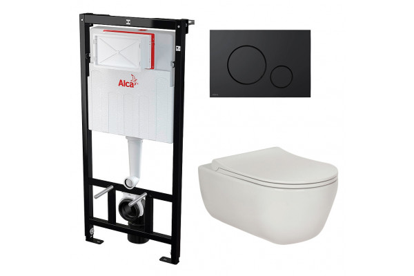 Комплект 3 в 1 инсталляция AlcaPlast + Унитаз подвесной Berges Wasserhaus Ego XL 082118 + черная кнопка в современном стиле