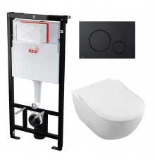 Комплект 3 в 1 инсталляция AlcaPlast + Унитаз подвесной Villeroy & Boch Subway 2.0 5614R201 + черная кнопка в современном стиле