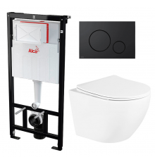 Комплект 3 в 1 инсталляция AlcaPlast + Унитаз подвесной BelBagno Uno + черная кнопка в современном стиле