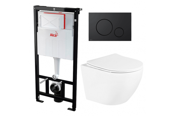 Комплект 3 в 1 инсталляция AlcaPlast + Унитаз подвесной BelBagno Uno + черная кнопка в современном стиле
